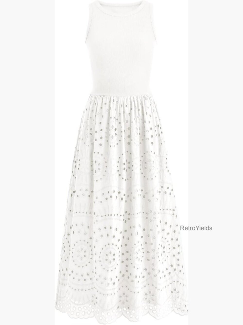 Women's Sleeveless Crewneck A-Line Eyelet Lace Cotton Tank Maxi Dress with